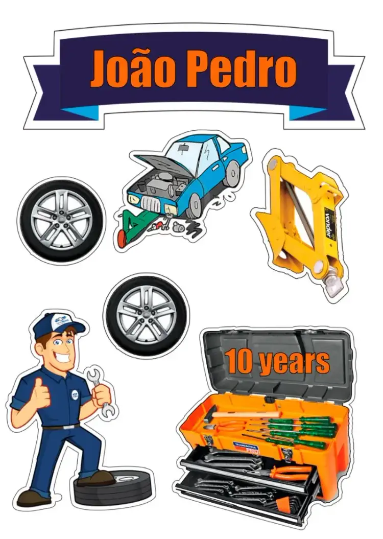 Invitation Mechanical Car Cake Topper – Cake topper theme mechanical, automotive, vibrant, modern, industrial, fun
