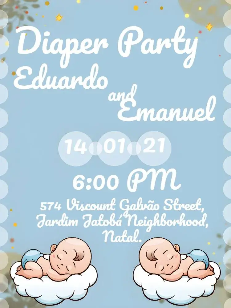 Invitation Twin Boys Baby Shower – Diaper Shower theme blue, white, clouds, soap bubbles, modern, playful