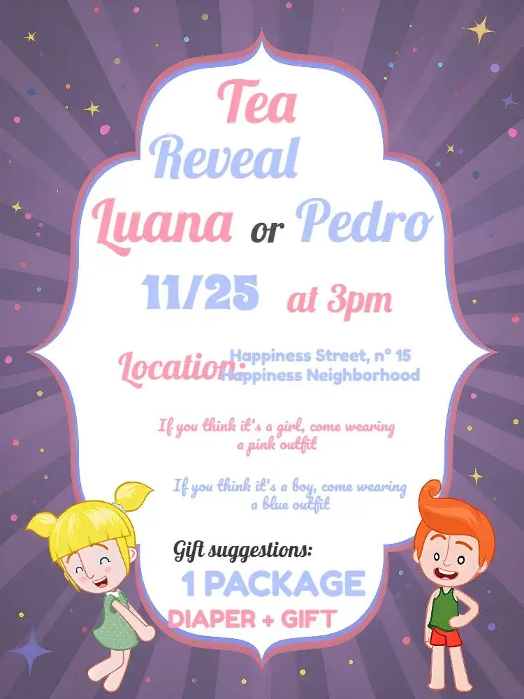 Invitation Mundo Bita Frame Gender Reveal Tea Party – Gender Reveal theme playful, colorful, childlike, fun, modern