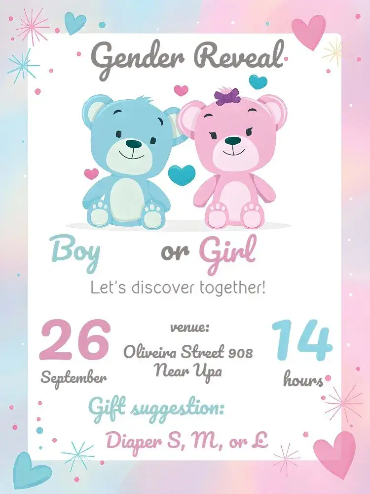 Invitation Teddy Bears Baby Girl Gender Reveal – Gender Reveal theme cute, childish, colorful, playful, modern