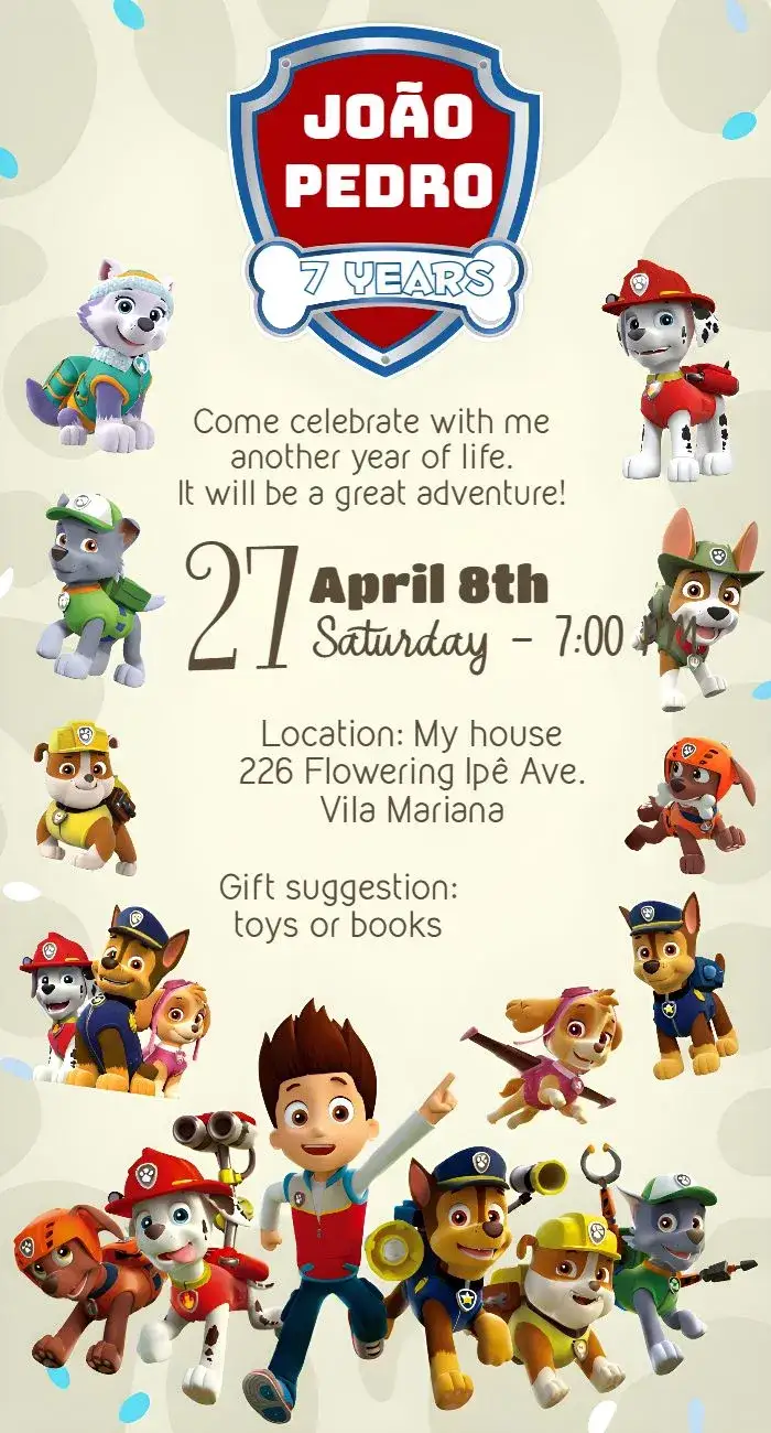 Invitation Infant Paw Patrol – Kids' Birthday Party theme colorful, childlike, themed, fun-filled, lively