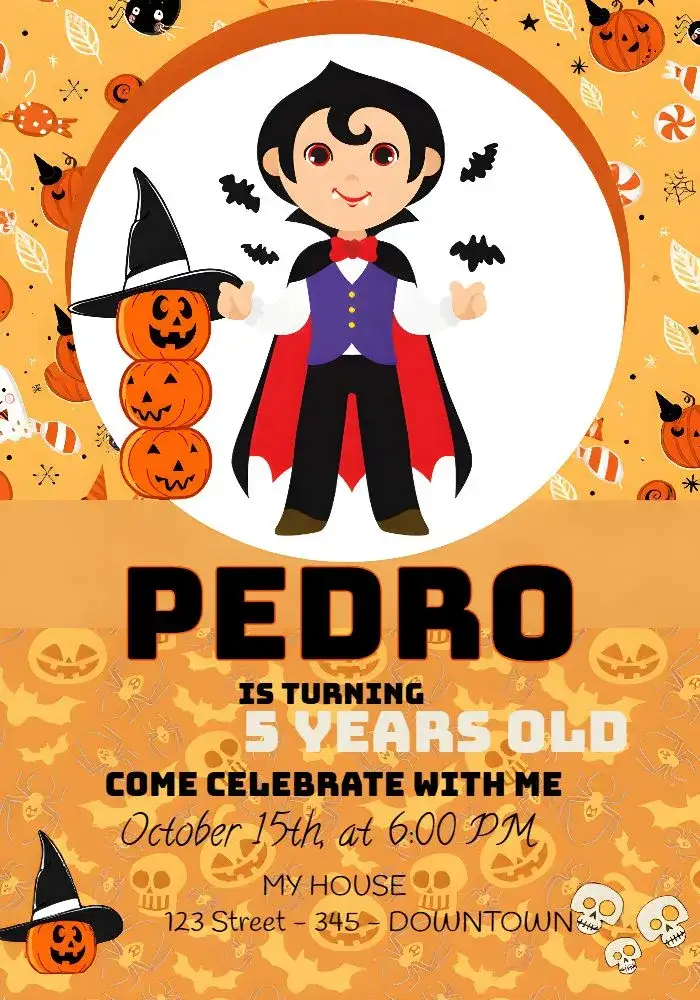 Invitation Halloween Day – Commemorative Dates theme dark colors, Halloween graphic elements, fun style, witch illustrations, pumpkins, mysterious atmosphere