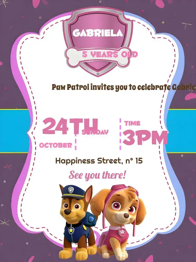 Invitation Brown Paw Patrol – Kids' Birthday Party theme brown, pink, white, fun, childish, themed