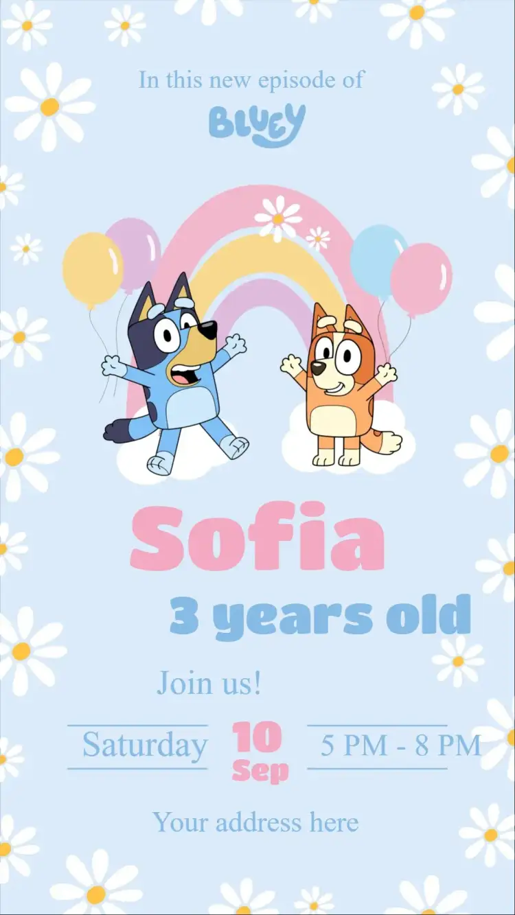 Invitation Bluey – Kids' Birthday Party theme blue, fun, playful, lively, colorful