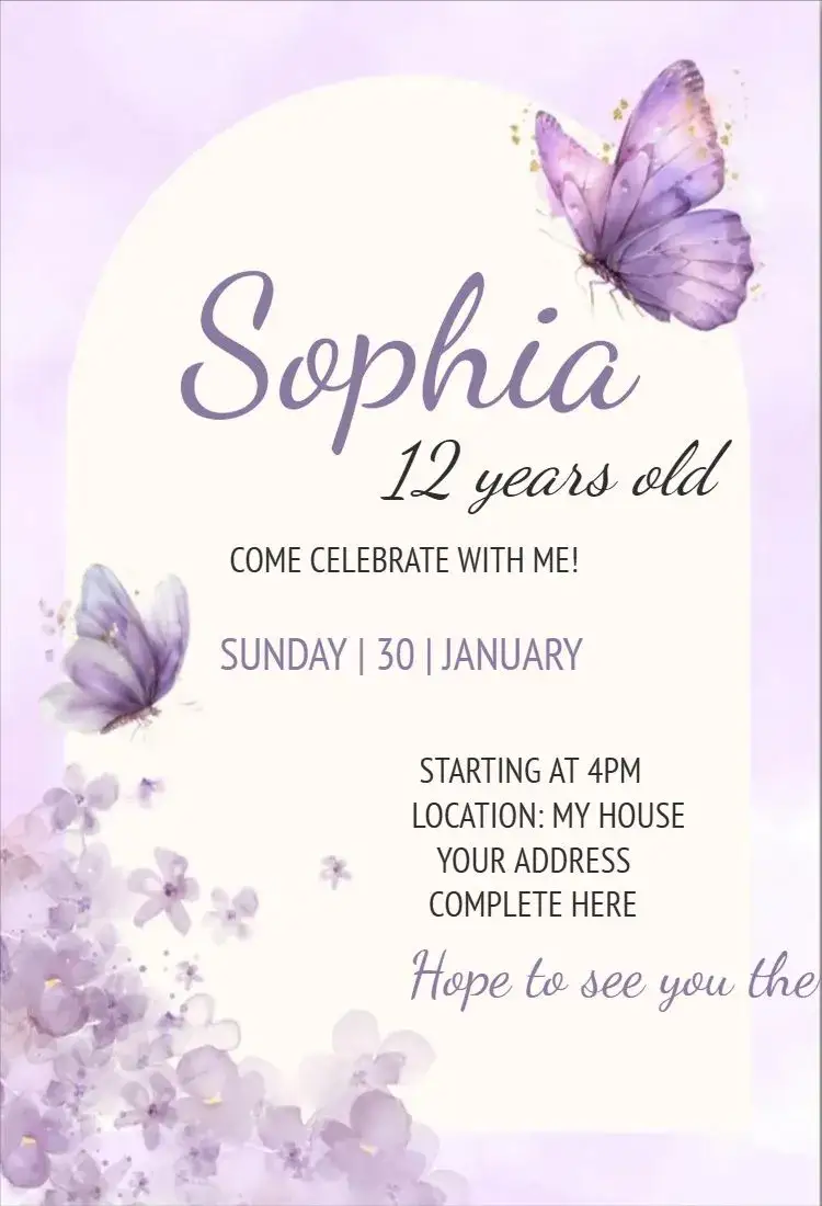 Invitation Lilac Butterfly – Birthday theme lilac, purple, watercolor, delicate, floral, dreamy