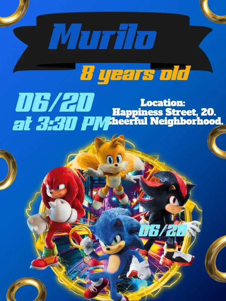 Invitation Sonic Birthday – Kids' Birthday Party theme colorful, games, superheroes, fun-filled, futuristic, vibrant