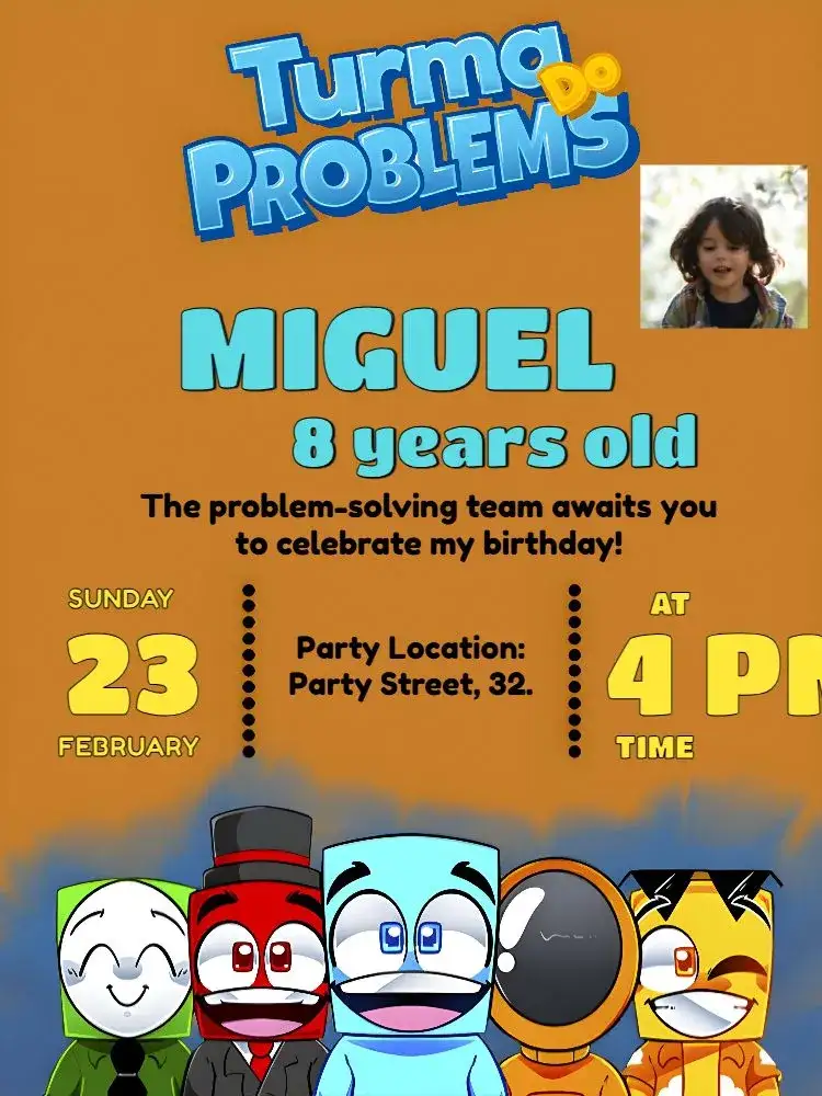 Invitation Class Of Problems With Youtube Photo – Kids' Birthday Party theme vibrant blue, cheerful yellow, modern style, fun graphics, inspired by the series, animation theme