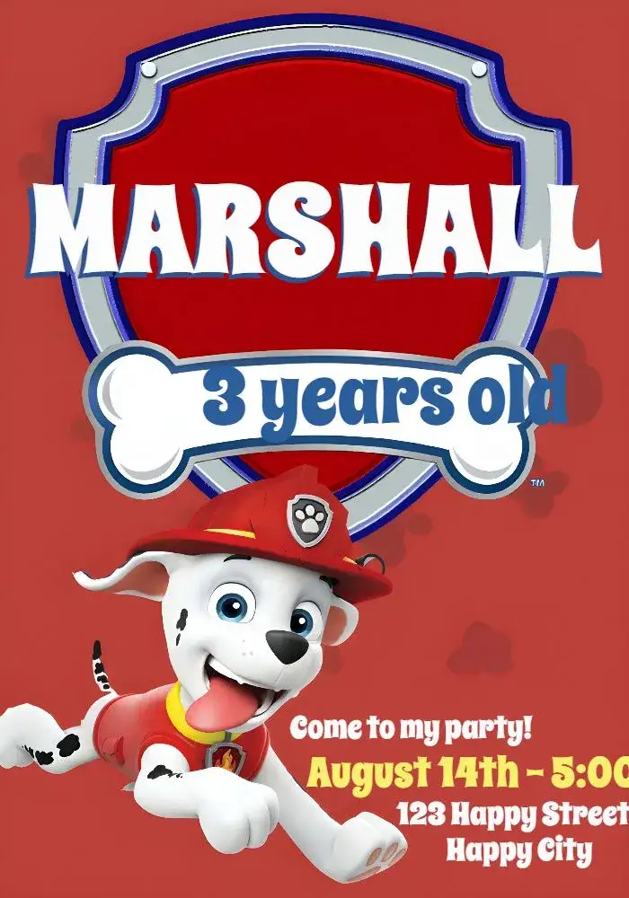 Invitation PAW Patrol Marshall – Kids' Birthday Party theme colorful, childlike, adventure, animals, fun-filled, themed
