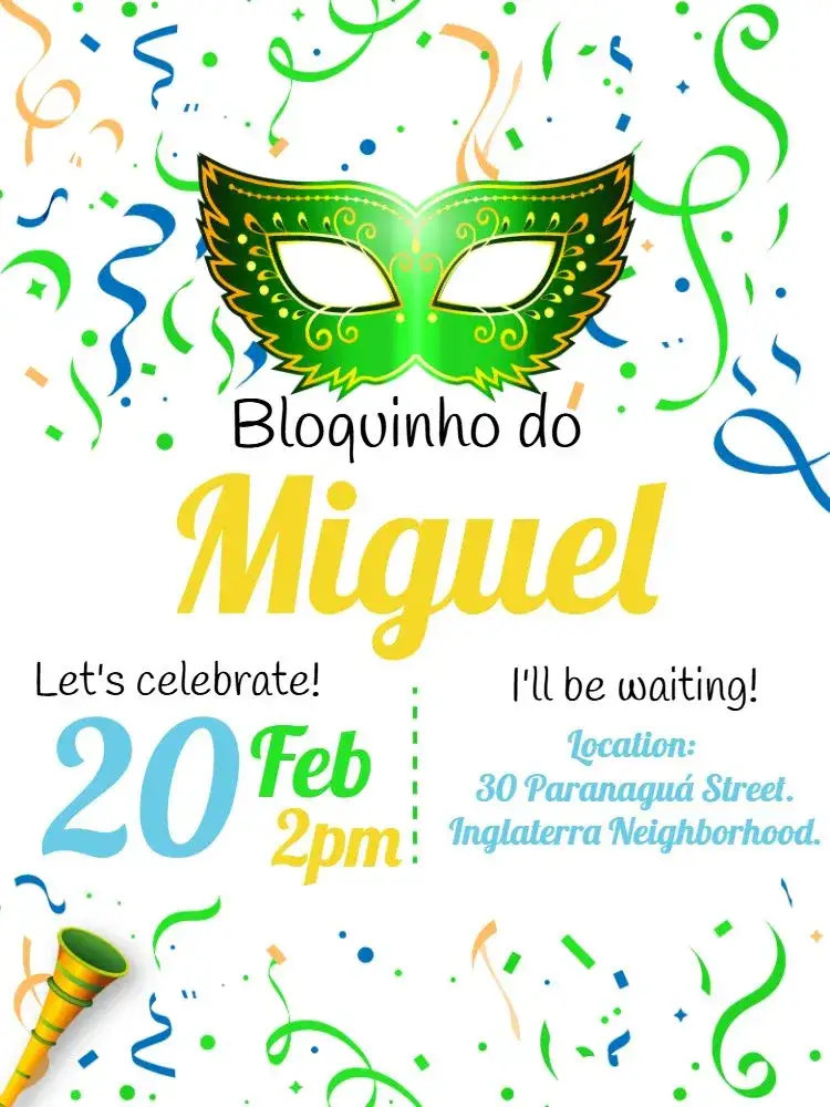 Invitation Carnival Bloquinho Party – Commemorative Dates theme colorful, fun, youthful, festive, themed