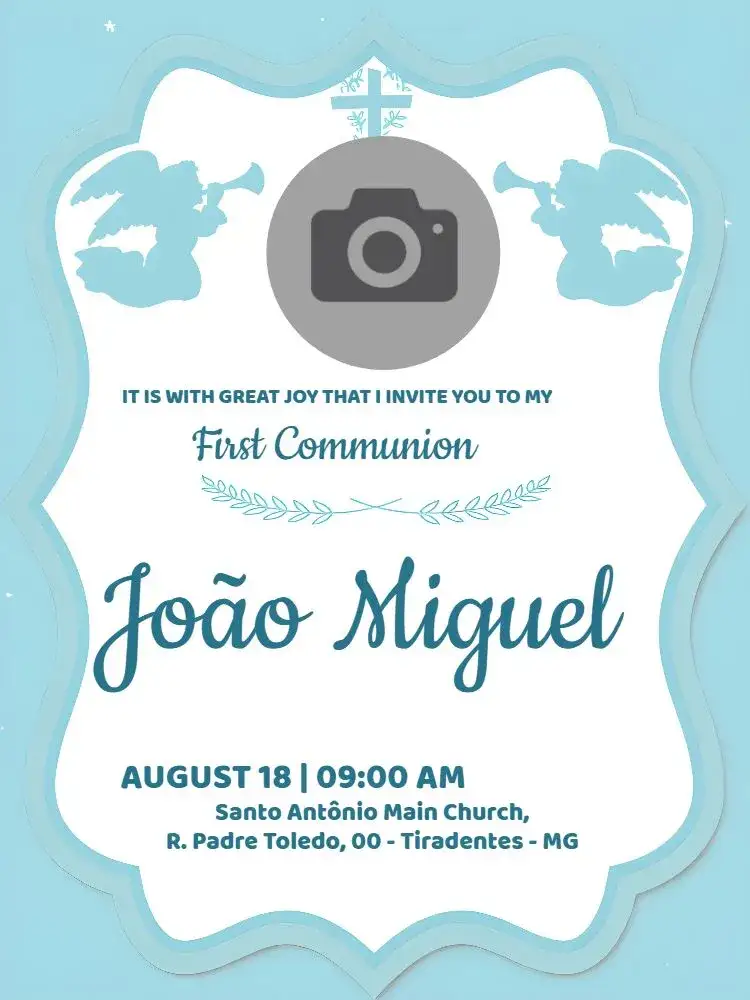 Invitation First Communion With Boy Photo – First Communion theme blue, religious, children's, delicate, elegant, modern