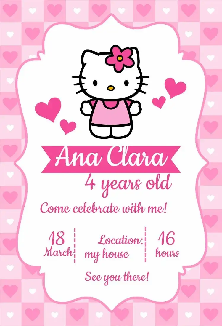 Invitation Hello Kitty Pink Hearts – Kids' Birthday Party theme pink, hearts, childish, fun, playful, themed