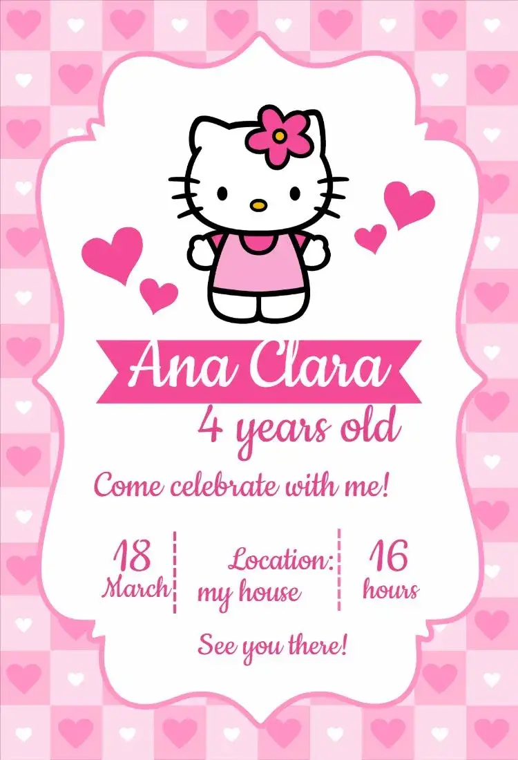 Hello Kitty Pink Hearts invitation