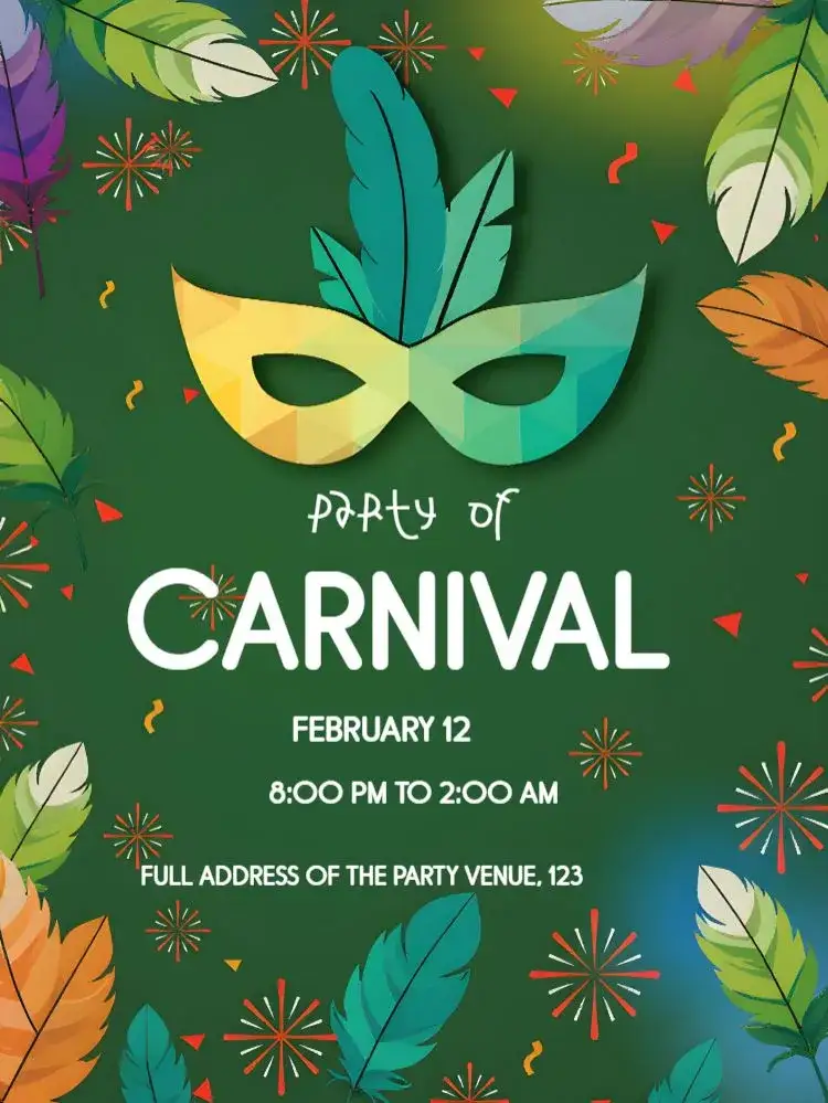 Invitation Carnival Samba – Commemorative Dates theme vibrant purple, masks, colorful confetti, streamers, samba style, festivity