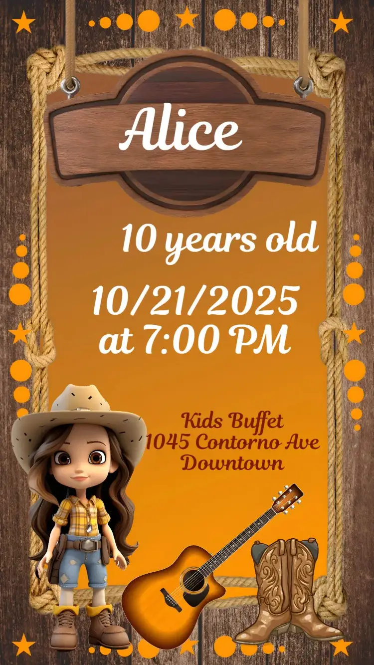 Invitation Hoedown – Birthday theme country style, lively, colorful, rustic, fun, musical