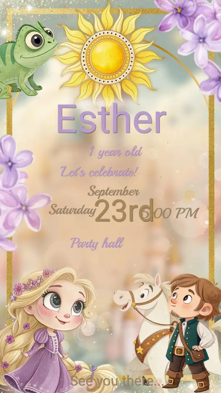 Invitation Rapunzel Kids Birthday Invitation – Kids' Birthday Party theme enchanted, princess, soft colors, playful illustrations, floral details