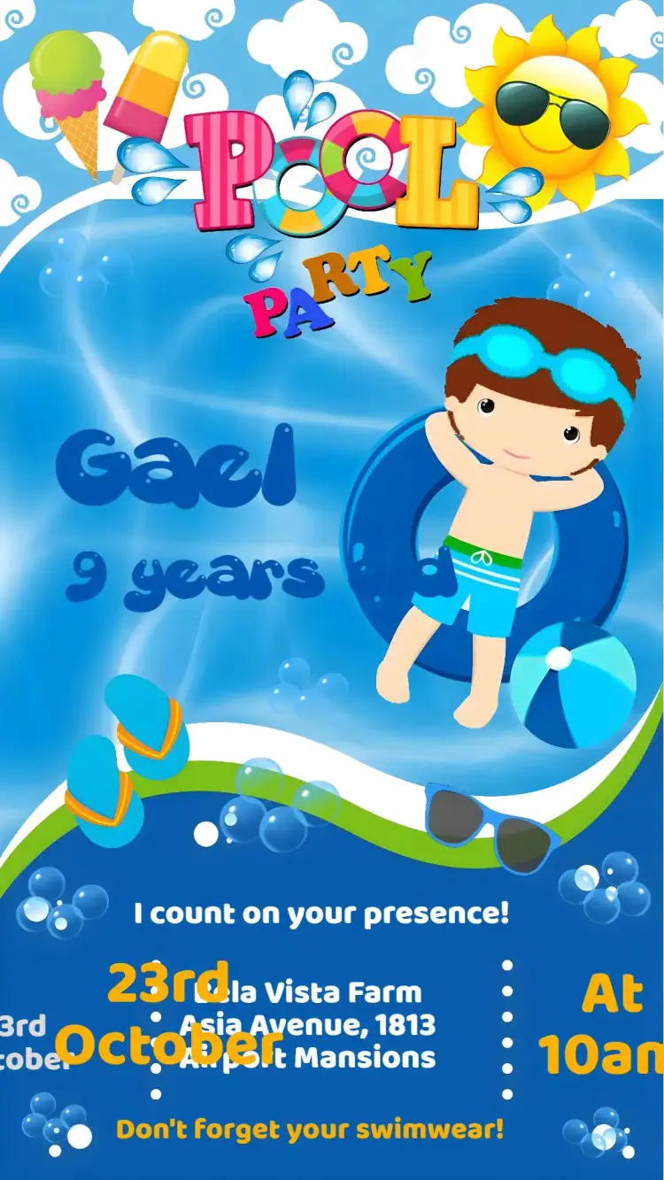 Invitation Pool Party – Birthday theme summer, tropical, colorful, fun, modern, beachy