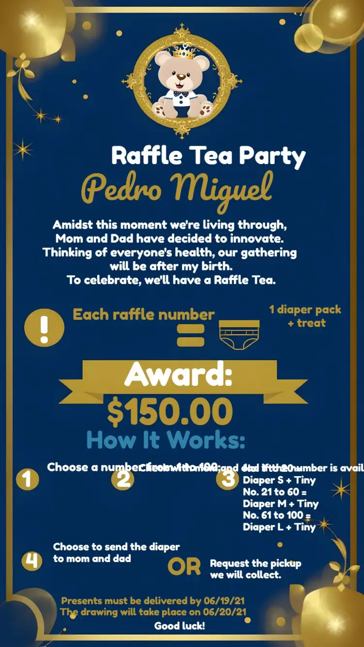 Invitation Prince Teddy Bear Baby Shower – Raffle Tea theme teddy bear, prince, light blue, golden, white, childish
