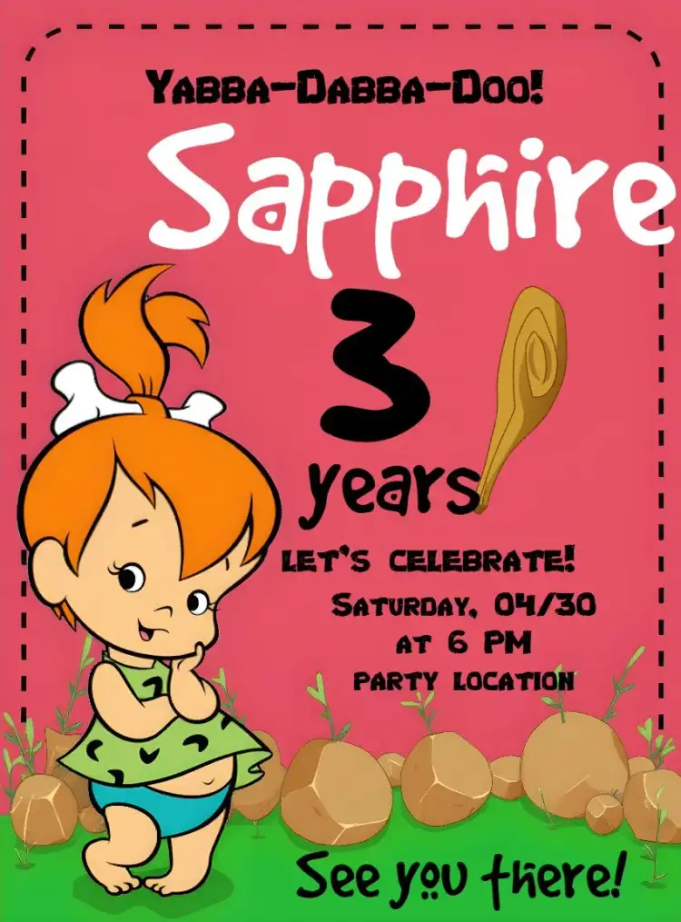 Invitation Pedrita Rosa – Kids' Birthday Party theme children's, prehistoric, animated characters, vibrant colors, fun, playful