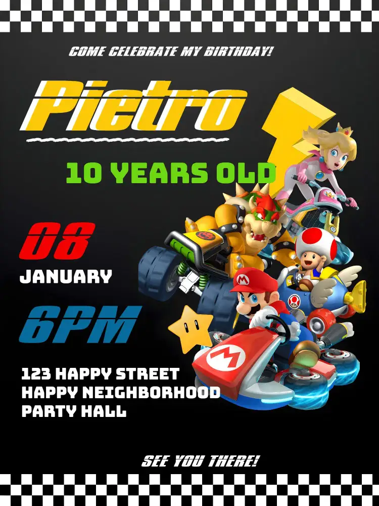 Invitation Yellow Mario Kart – Kids' Birthday Party theme vibrant colors, gaming style, video game characters, colorful illustrations, fun and adventure, childlike style