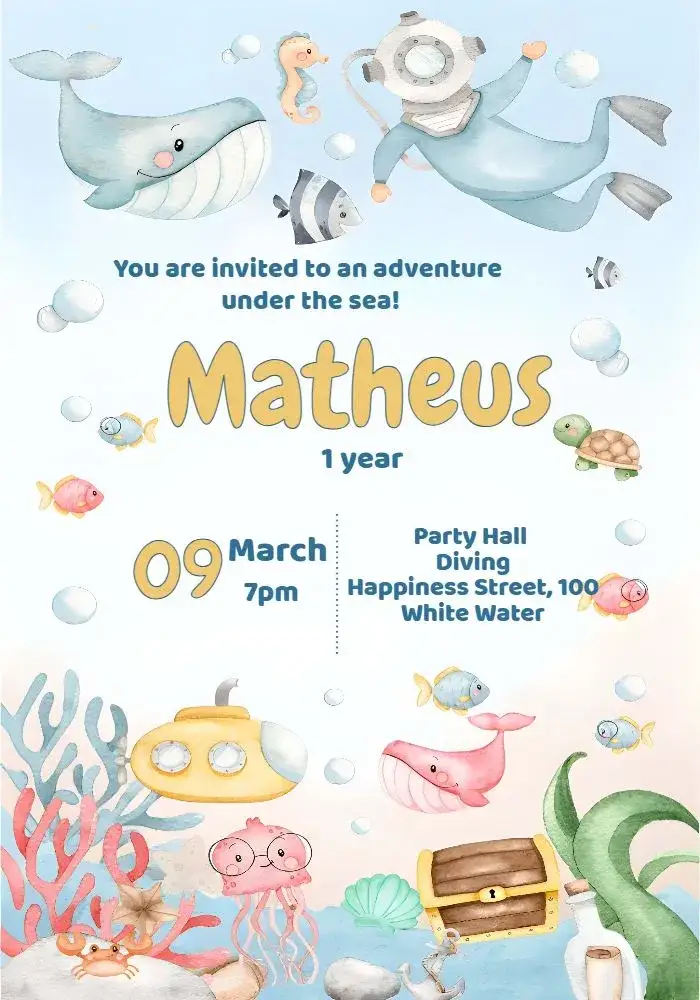 Invitation Underwater Watercolor Kids – Kids' Birthday Party theme watercolor, navy blue, colorful, playful, childlike, underwater