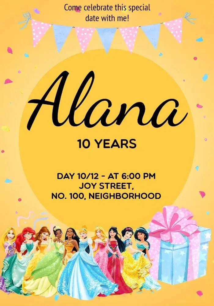 Invitation Disney Princesses – Kids' Birthday Party theme colorful, magical, childlike, princess-themed, fun