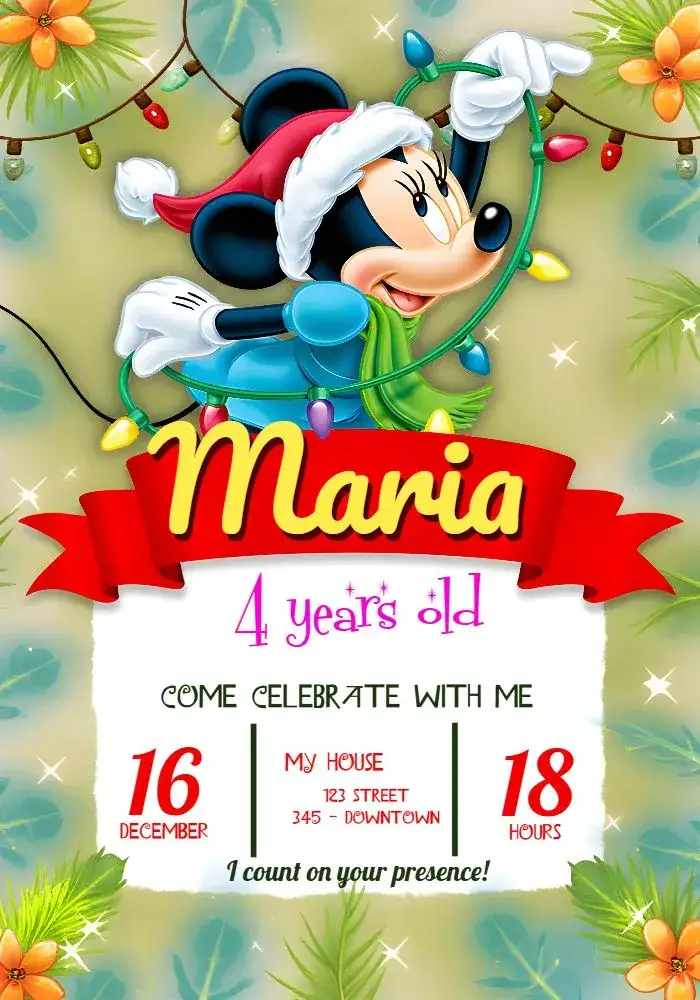 Invitation Minnie Mouse Green Christmas – Commemorative Dates theme Christmas-themed, Colorful, Childish, Themed, Fun, Festive