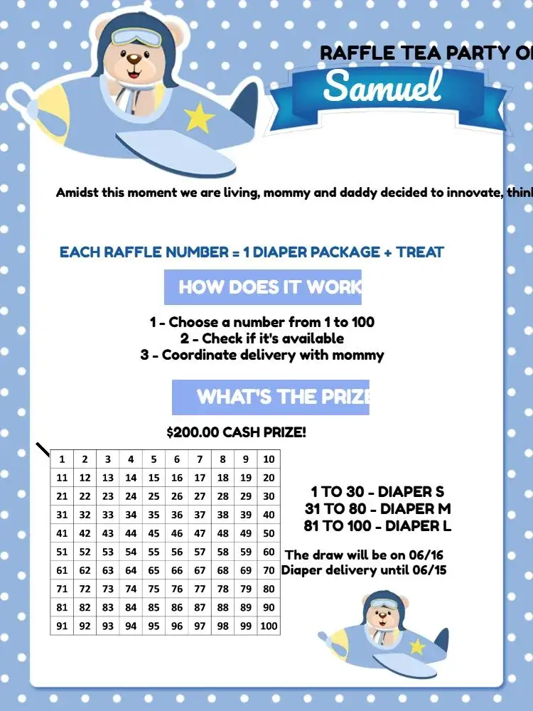 Invitation Blue Aviator Teddy Bear Raffle Tea – Raffle Tea theme blue, navy blue, white, yellow, playful, childlike