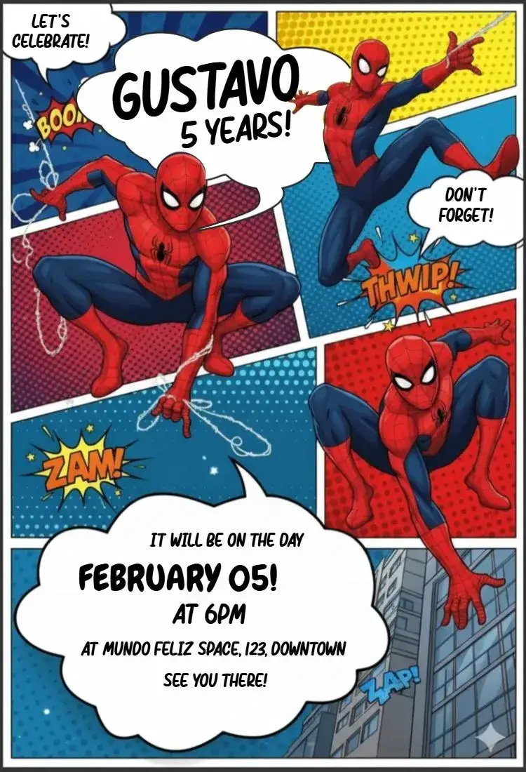 Invitation Spider-Man Comic Book – Kids' Birthday Party theme colorful, themed, modern, adventurous, comic book