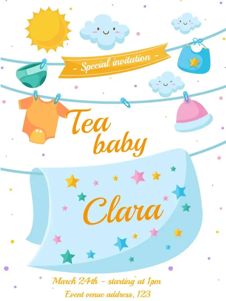 Invitation Baby Shower Family – Gender Reveal theme blue, clouds, garland, children's, fun, gathering