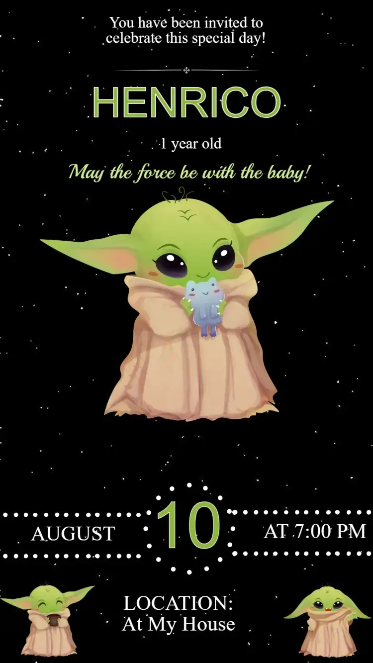 Invitation Baby Yoda Birthday Invitation – Kids' Birthday Party theme Star Wars theme, soft colors, fun graphic elements, modern style, playful design, children's theme
