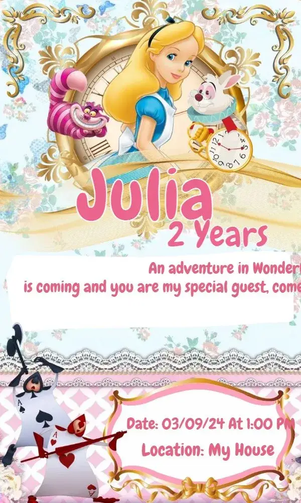 Invitation Alice In Wonderland Parents – Commemorative Dates theme pink, playful, fantasy, charming illustrations, colorful, fun