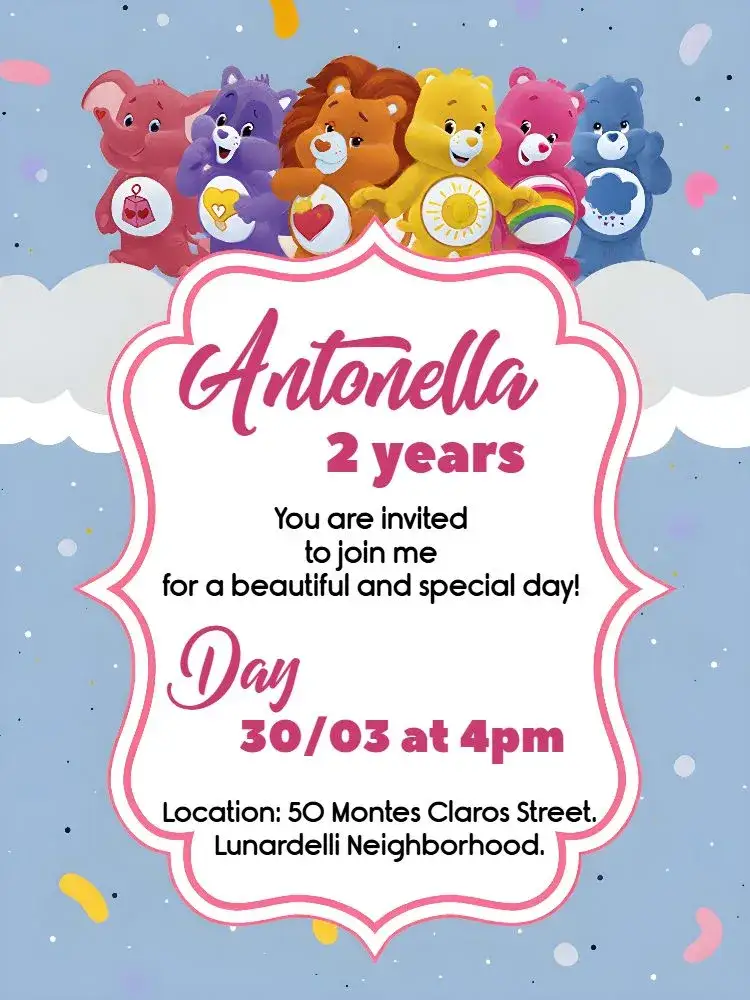 Invitation Care Bears Pink – Kids' Birthday Party theme pink, white, gray, cute, clouds, affectionate