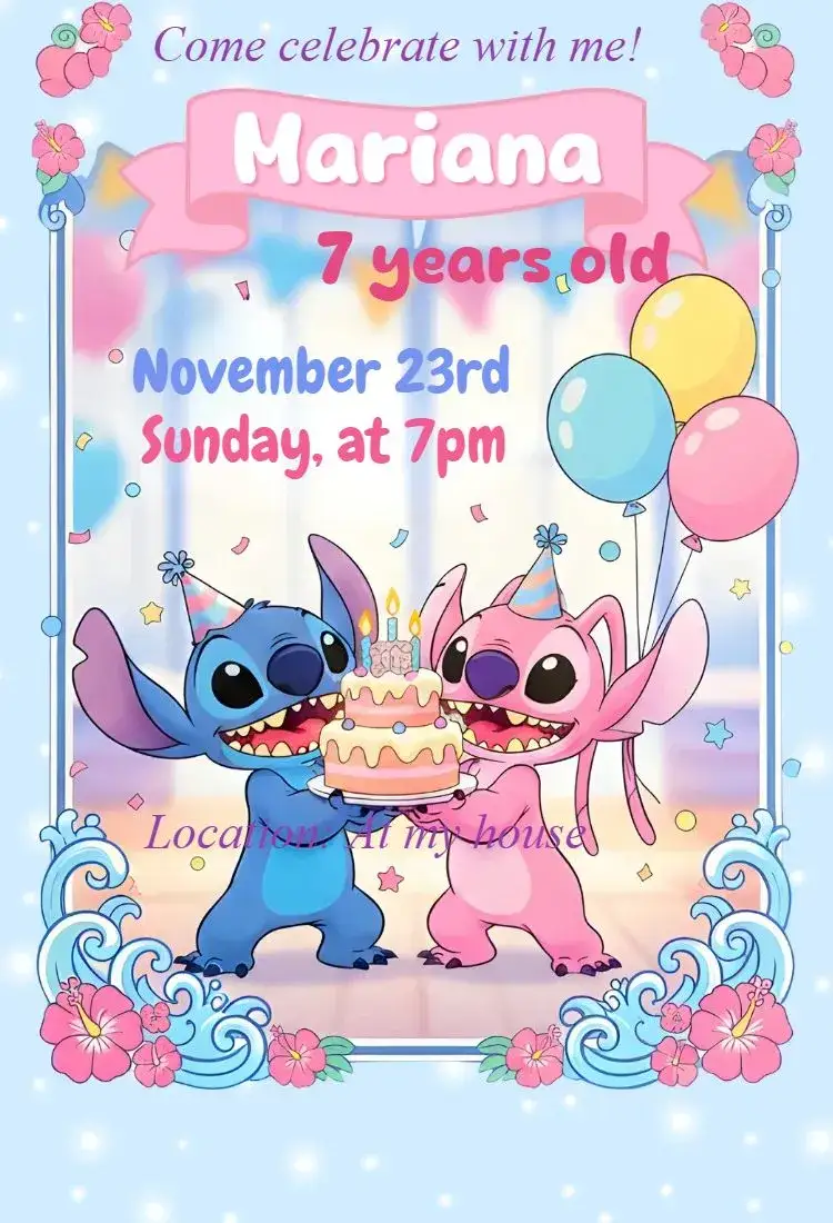 Invitation Digital invitation Stitch and Angel – Birthday theme adorable, colorful, fun-filled, contemporary, childlike