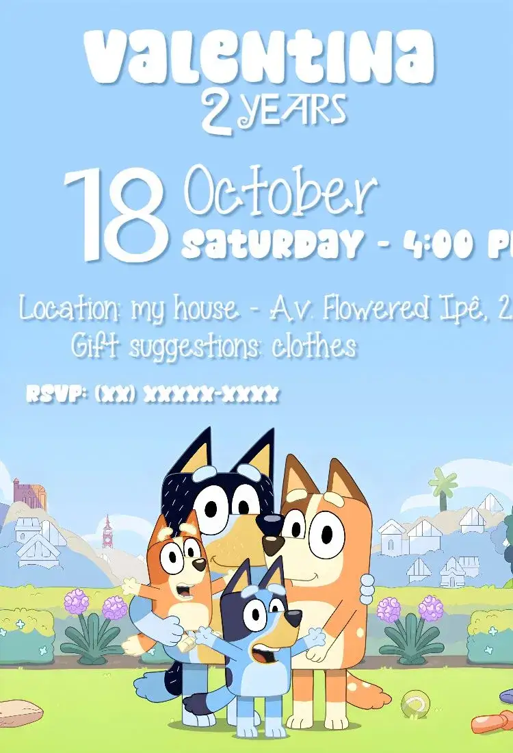 Invitation Bluey & Bingo – Kids' Birthday Party theme vibrant colors, playful style, fun graphic elements, blue and yellow, childish design, animal illustrations