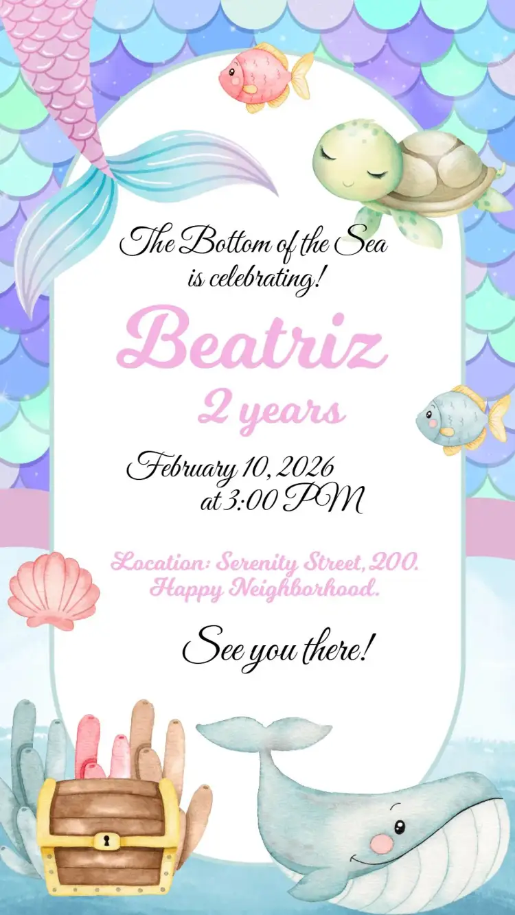 Invitation under the sea girl theme – Kids' Birthday Party theme navy blue, colorful, fantasy-themed, mermaid-inspired, fun-filled, playful