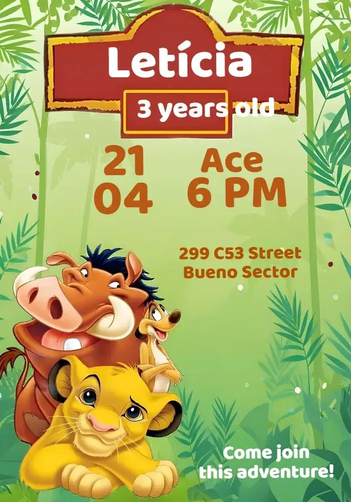 Invitation Green Lion King – Kids' Birthday Party theme jungle, colorful, fun, animals, tropical, childish