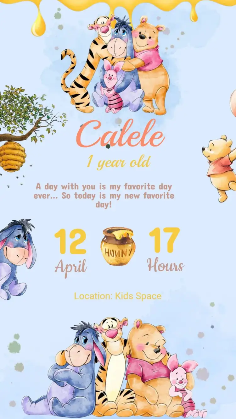 Invitation Winnie the Pooh Birthday Invitation – Kids' Birthday Party theme colorful, playful, fun, childlike, soft, cute illustrations
