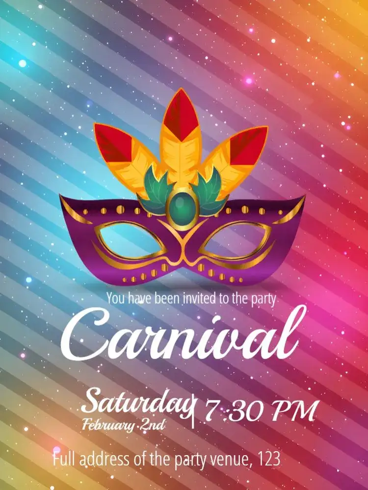 Invitation Carnival Ball – Commemorative Dates theme colorful masks, cheerful style, vibrant shades, allegorical elements, festive design, carnival-inspired