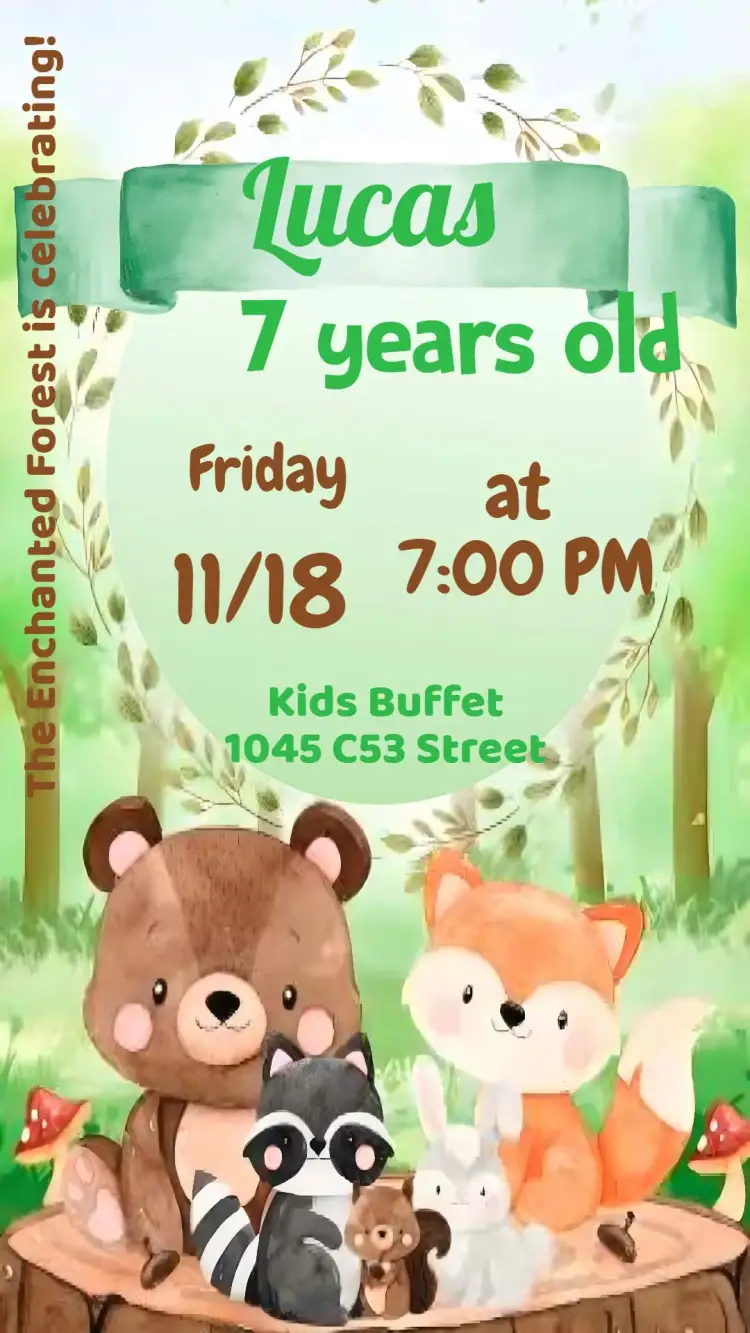 Invitation Enchanted Forest – Kids' Birthday Party theme floral, magical, colorful, fun-filled, natural, playful