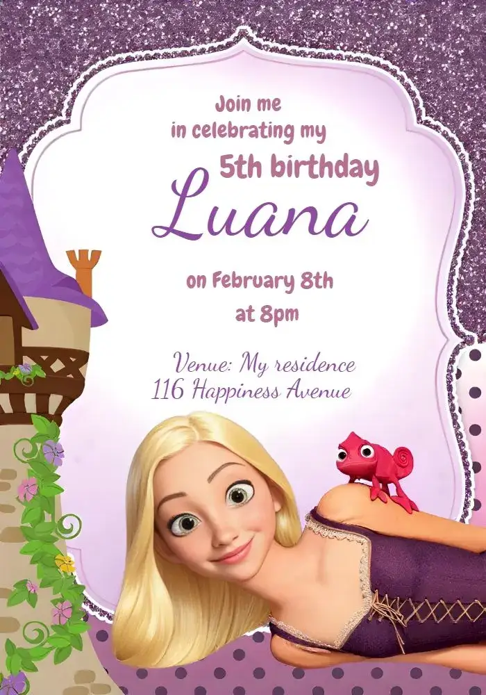 Invitation Rapunzel Tangled Glitter – Most searched for theme lilac, purple, glitter, princess, Disney, magical