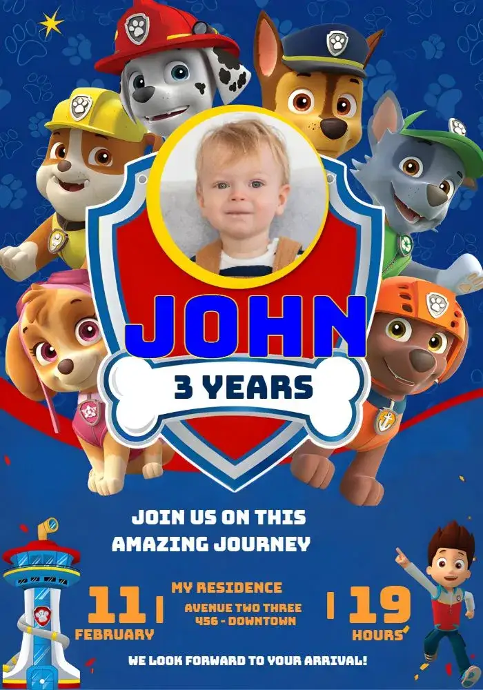 Invitation Paw Patrol Photo Invitation – Kids' Birthday Party theme blue, fun, themed, modern, colorful