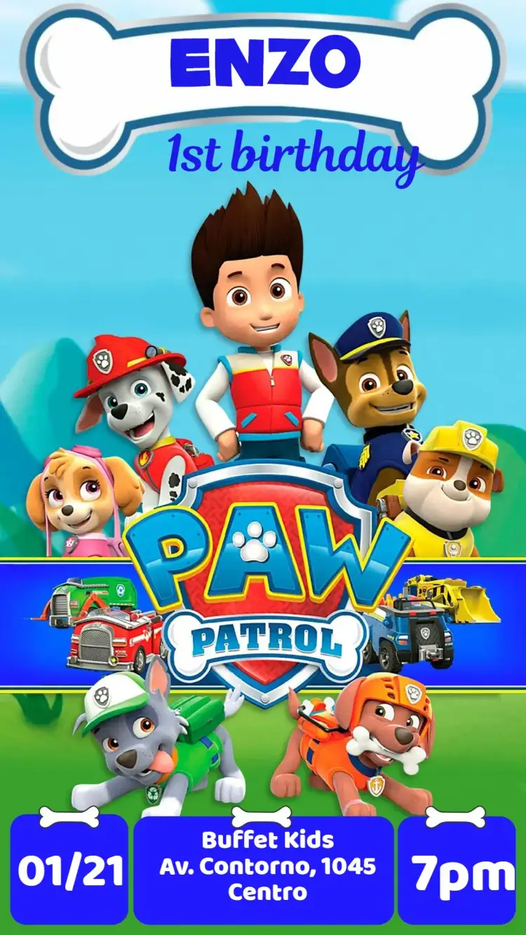 Invitation Paw Patrol – Kids' Birthday Party theme colorful, fun, childish, themed, animals