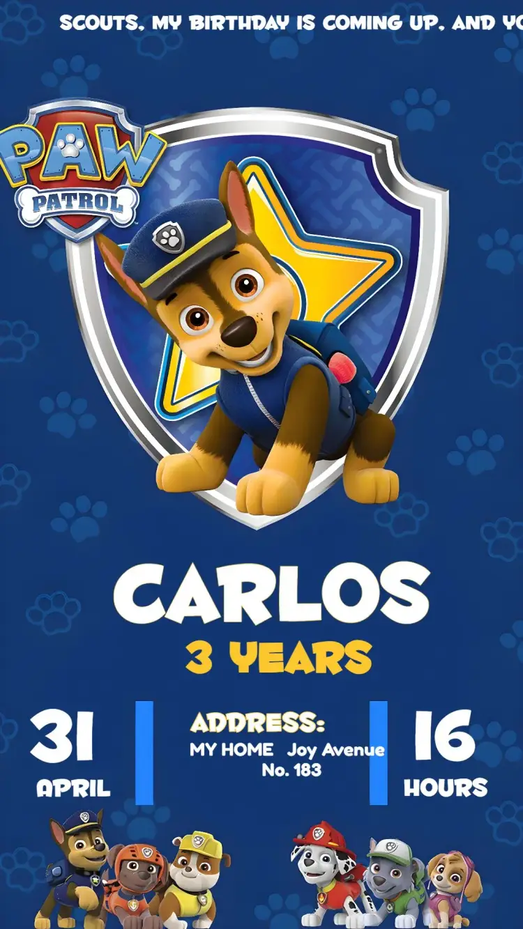 Paw Patrol Chase Zuma invitation