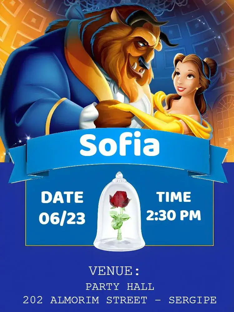 Invitation The Beauty And The Blue Beast – Baptism theme soft blue, fairy tale elements, golden details, childlike design, charming illustrations