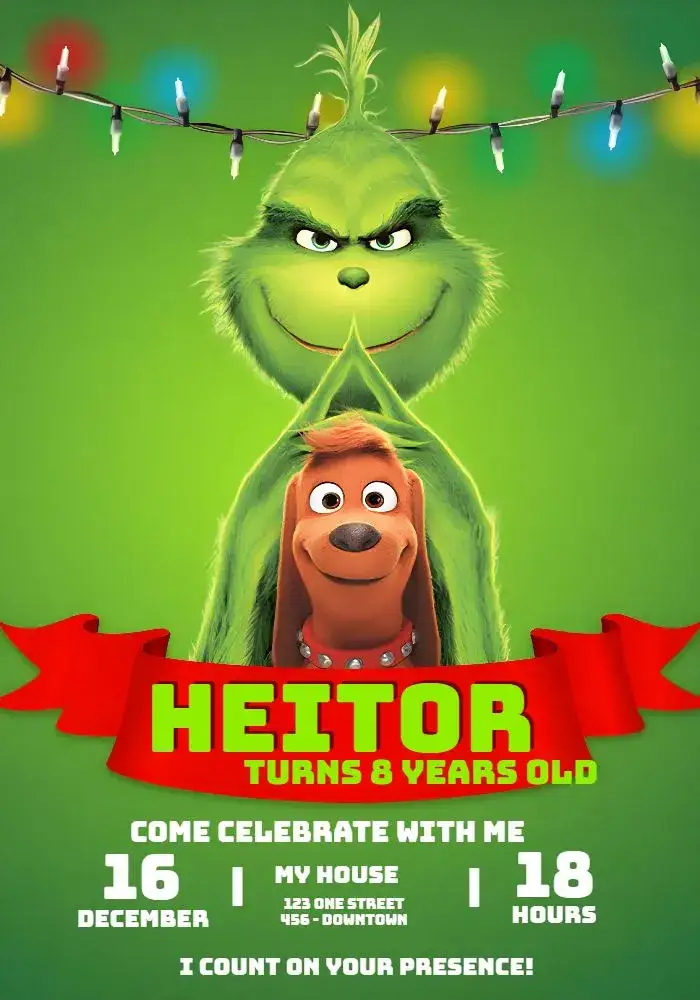 Invitation Grinch Christmas – Commemorative Dates theme fun, colorful, Christmas-themed, childish, illustrations of the Grinch