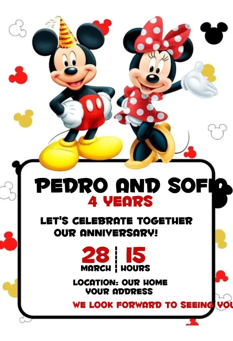 Invitation Mickey and Minnie 1 – Birthday theme Disney theme, vibrant colors, fun illustrations, playful style, party graphic elements, cheerful design