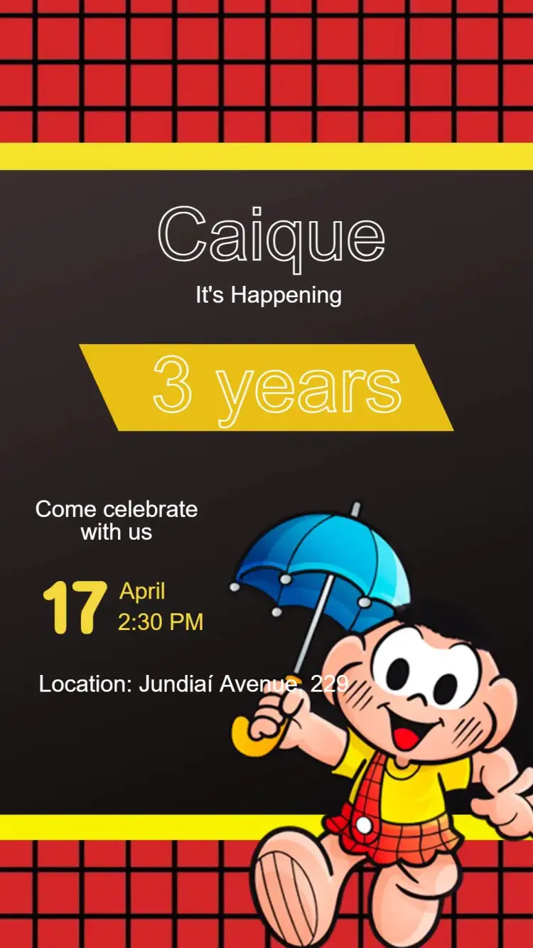 Invitation Cascão Monica's Gang Invitation - Editable Children's Party – Kids' Birthday Party theme colorful, fun, childish, Monica's characters, cheerful illustrations, modern design