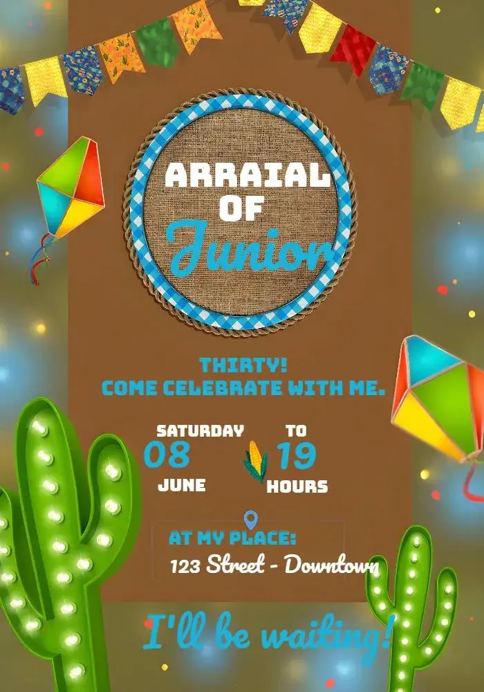 Invitation Yellow June Party Arraial – Commemorative Dates theme colorful, vibrant, rustic, festive, traditional