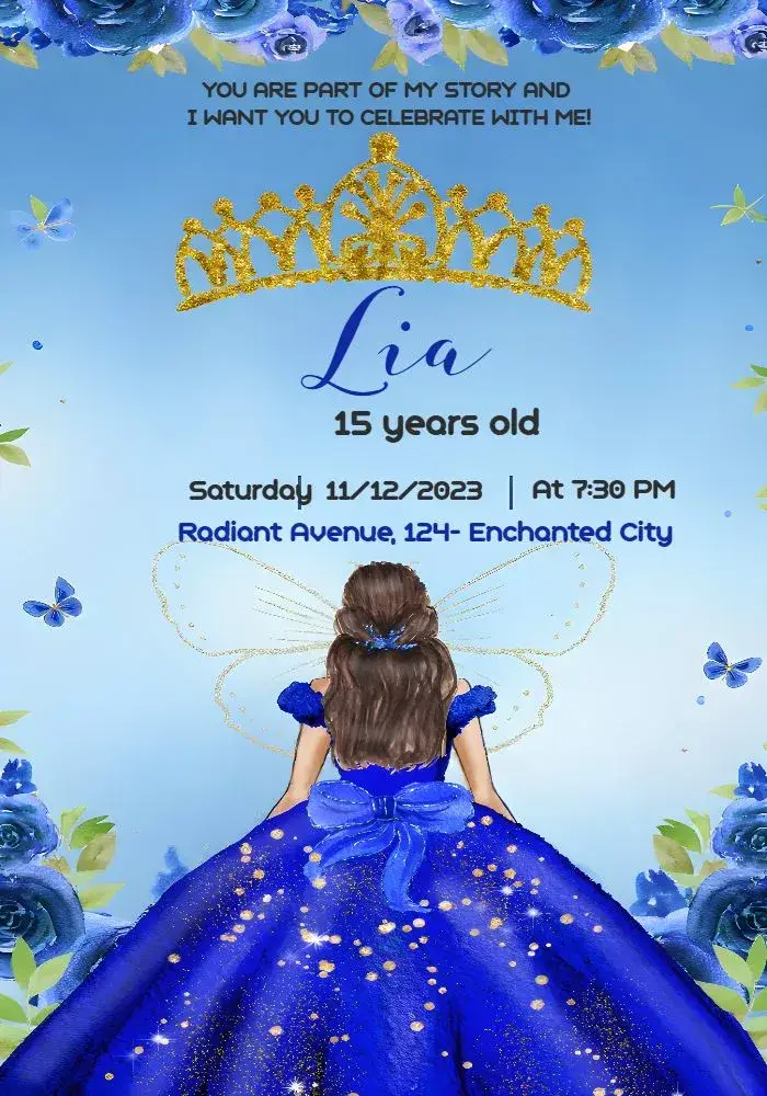 Invite 15th Birthday Princess Glitter Butterfly editable and customizable