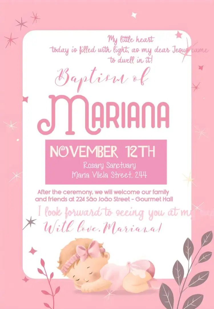 Invitation Catholic Baptism – First Communion theme pink, delicate, floral, modern, childish